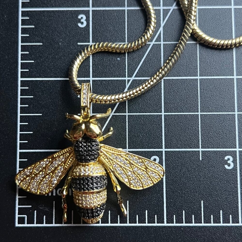 Gold Tone Bee Pendant Necklace Pave Crystal Black Stones Statement 24" LOOK - Picture 6 of 13